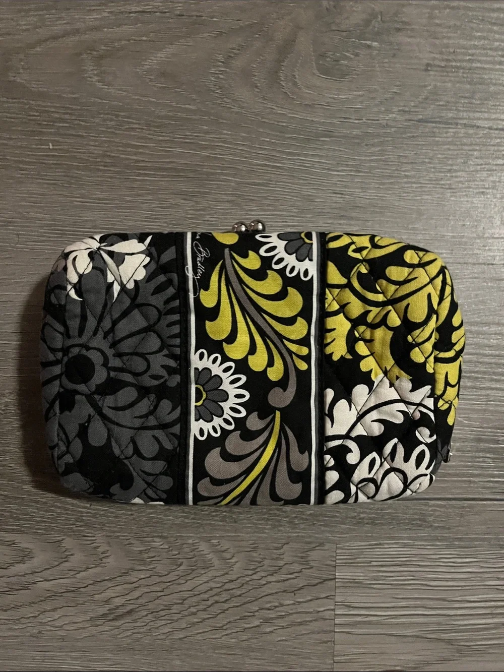 Vera Bradley Black White Yellow Floral Quilted Kiss-Lock Clutch